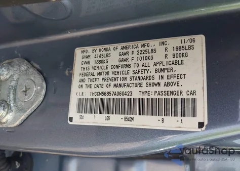 2007 Honda Accord 2.4 Ex из США, поврежденный, VIN 1HGCM56857A060423